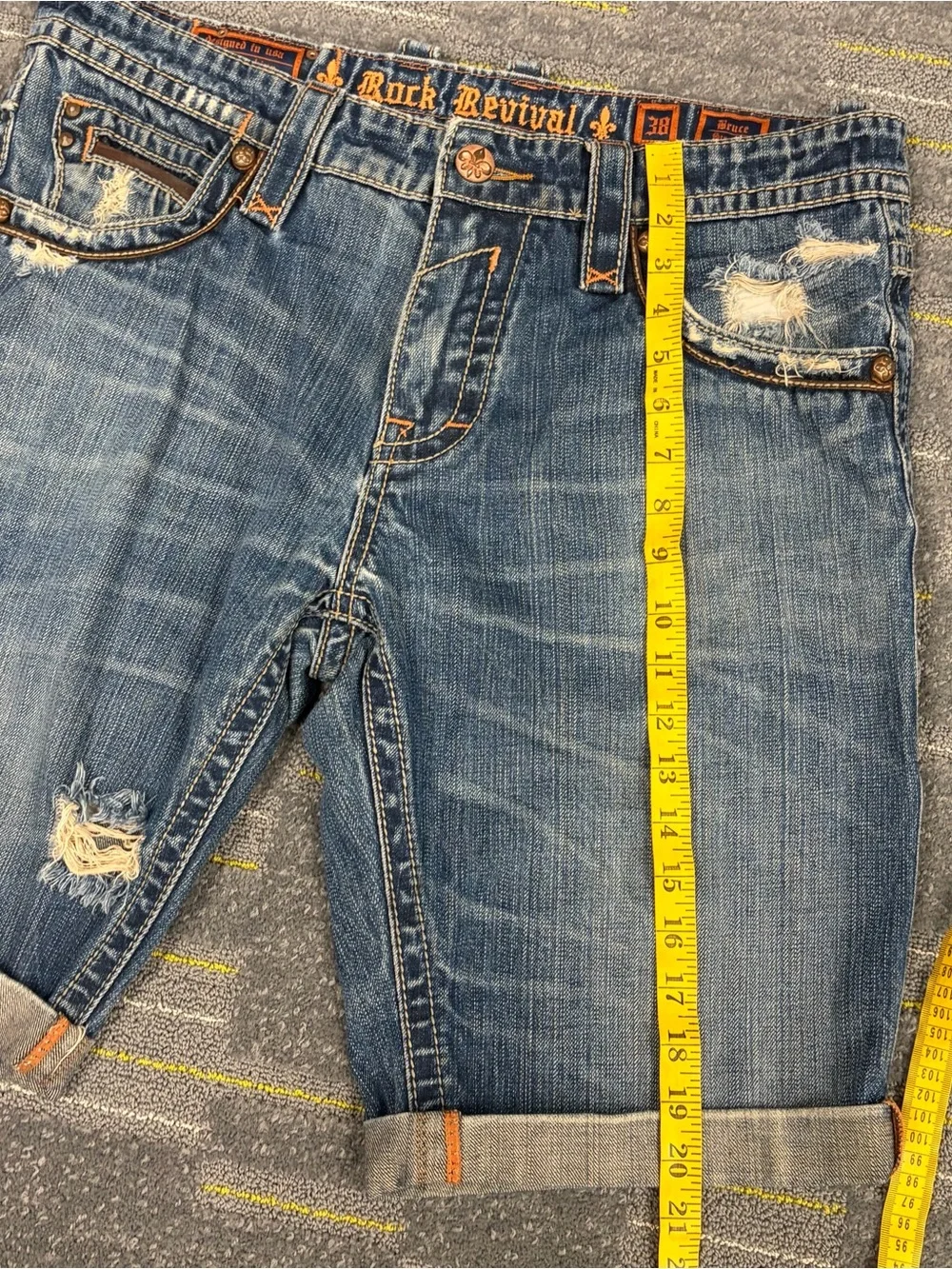 Rock Revival Bruce Straight Fit Denim Shorts Men’s 38 Cuffed Distressed Blue